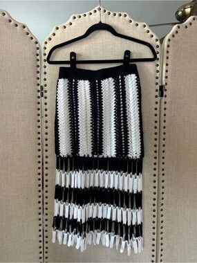 Black White Crochet Stripe Midi Skirt Lined Boho Festival Knit